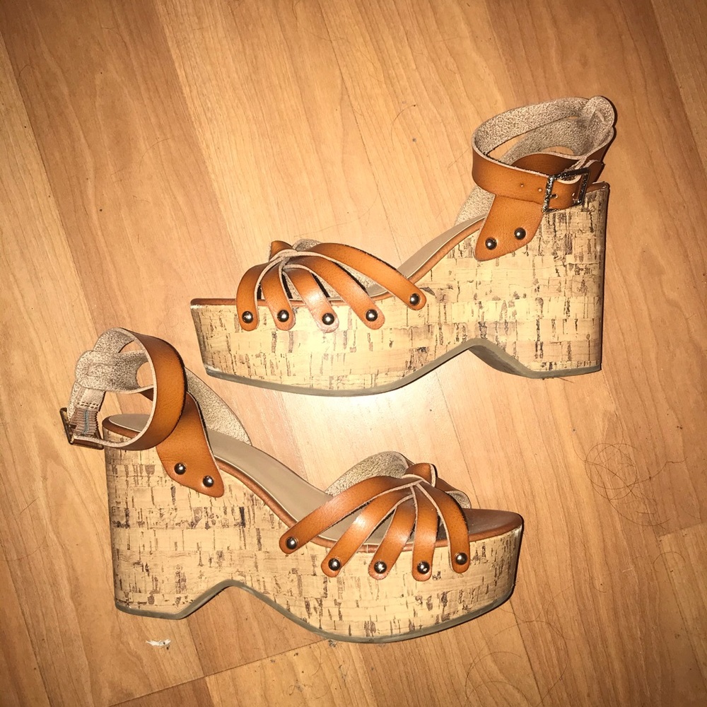 High, comfortable, tan-colored wedges